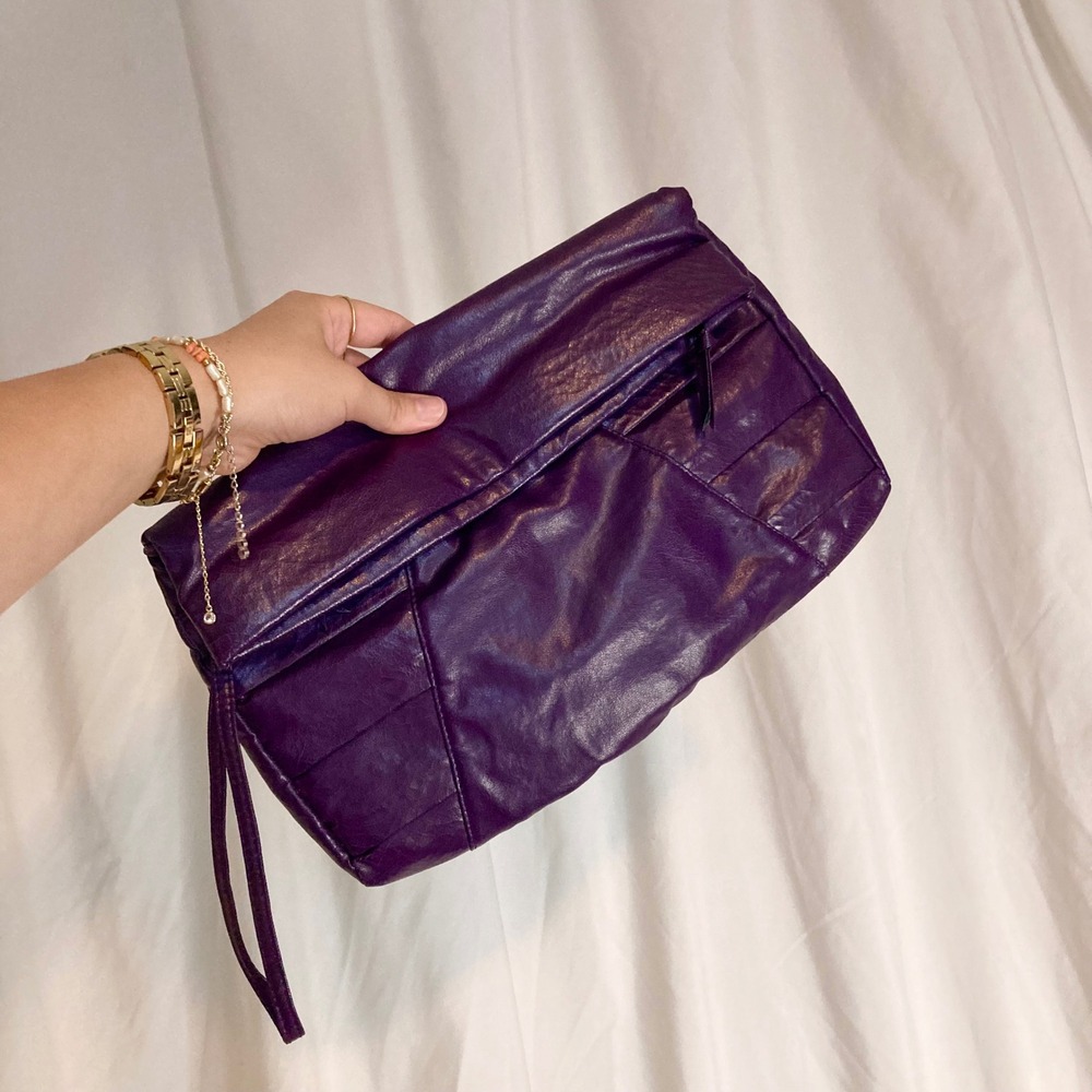 VTG 80s Purple Fold Over Clutch Bag Crinkle Faux Leather Retro Wristlet Purse